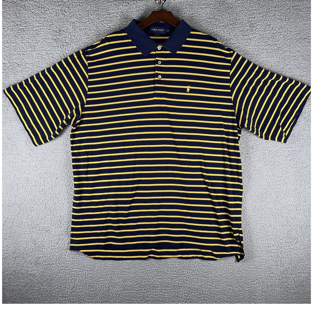 Polo Golf Ralph Lauren Mens XXL Navy Yellow Striped Pique Short Sleeve Shirt